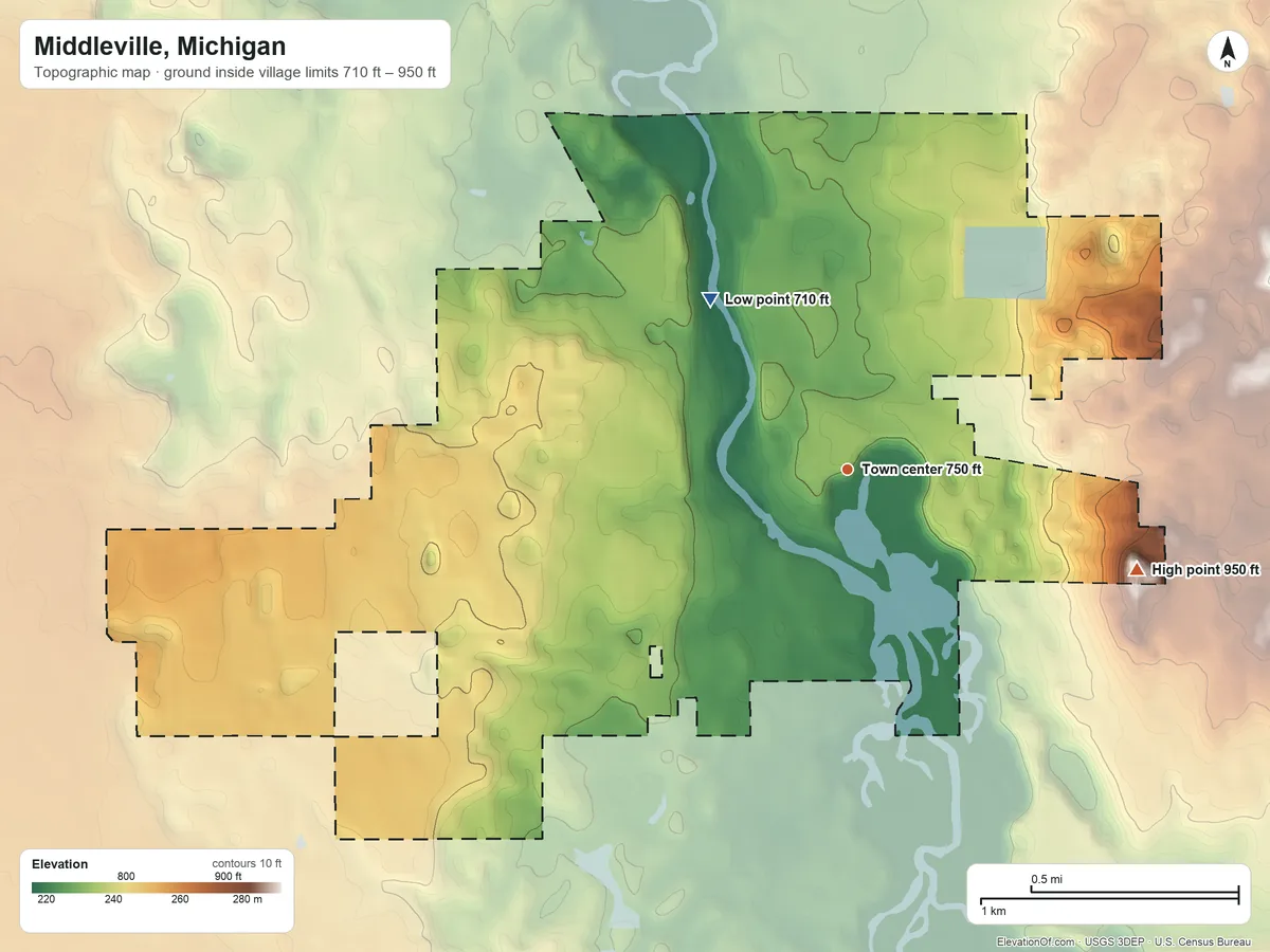 Topographic elevation map of Middleville, Michigan, shaded from 710 ft on the northwest side to 950 ft on the east side