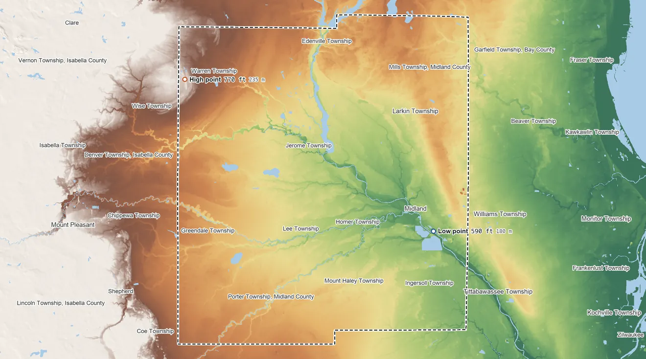 Topographic elevation map of Midland County, Michigan, shaded from 590 ft on the southeast side to 770 ft on the northwest side