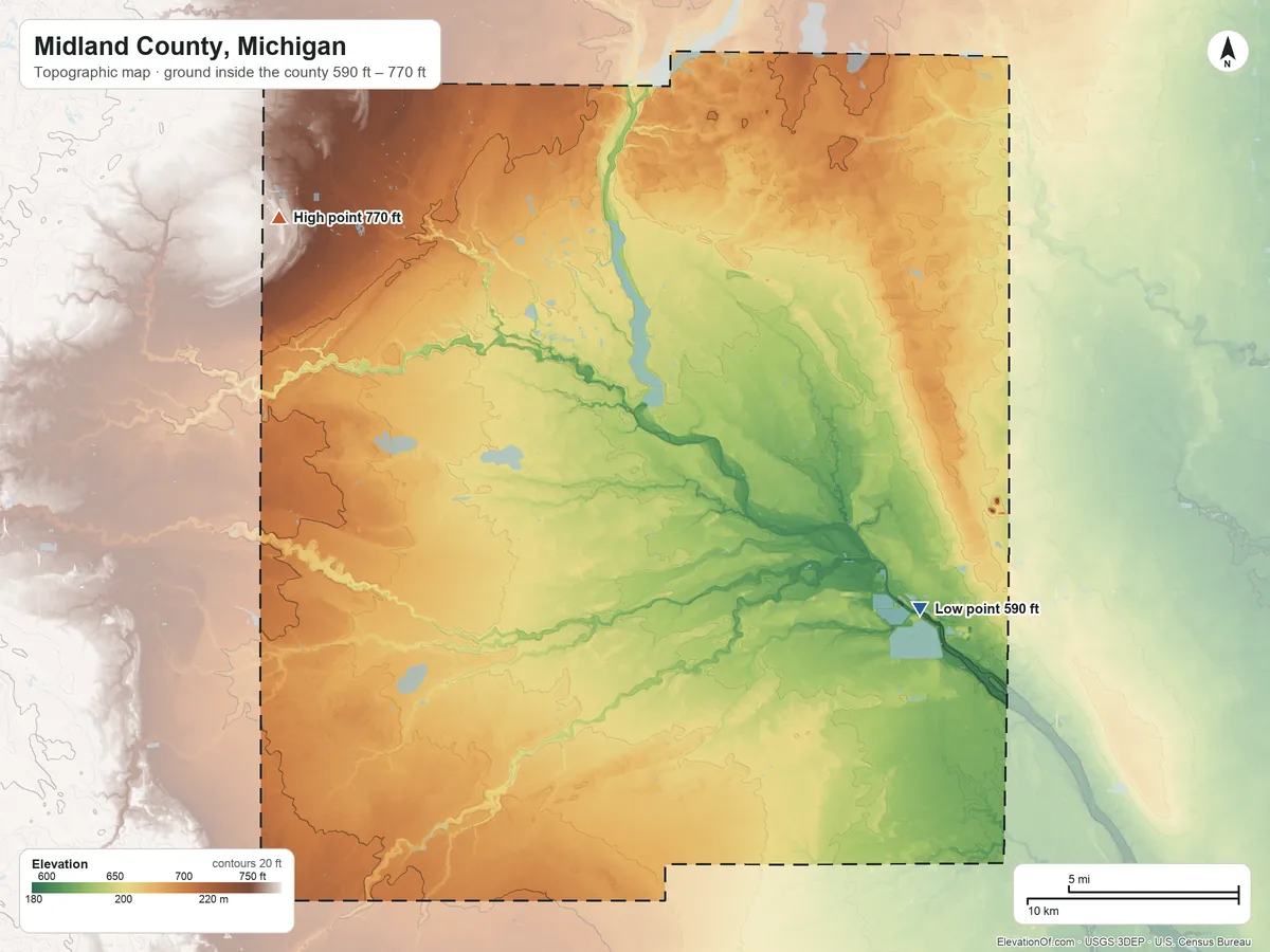 Topographic elevation map of Midland County, Michigan, shaded from 590 ft on the southeast side to 770 ft on the northwest side