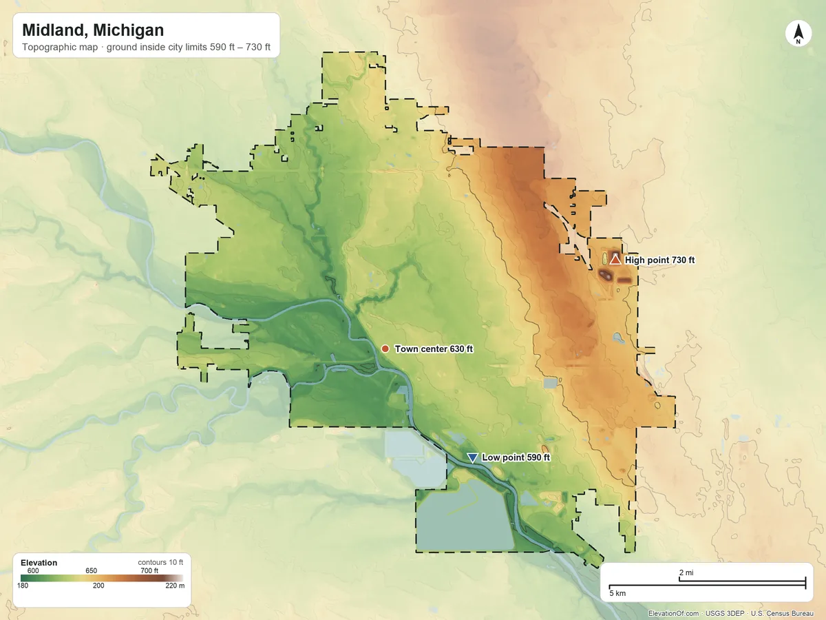 Topographic elevation map of Midland, Michigan, shaded from 590 ft on the southeast side to 730 ft on the east side