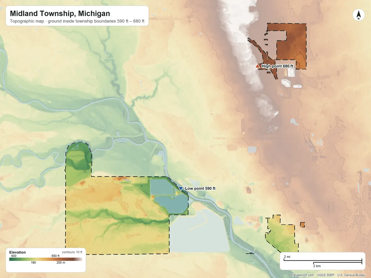 Topographic elevation map of Midland Township, Michigan, shaded from 590 ft on the east side to 680 ft on the northeast side