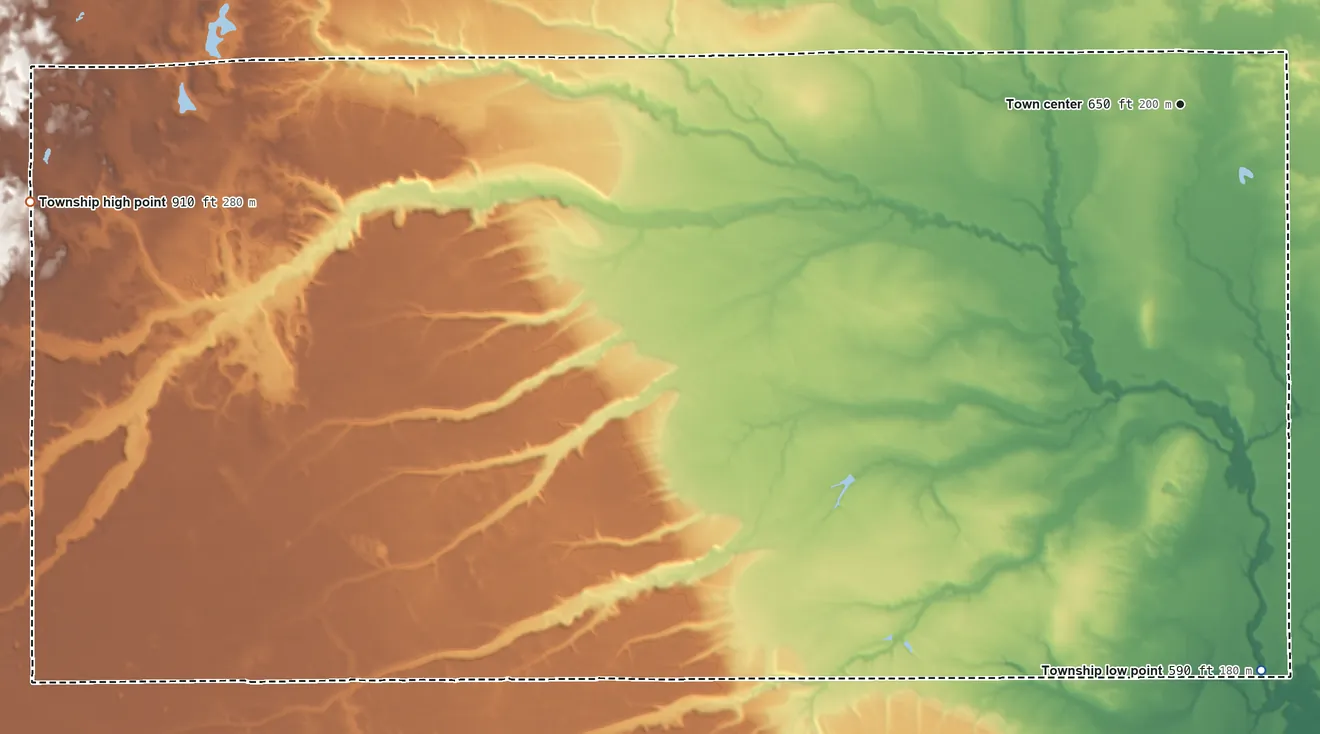 Topographic elevation map of Mikado Township, Michigan, shaded from 590 ft on the south side to 910 ft on the west side