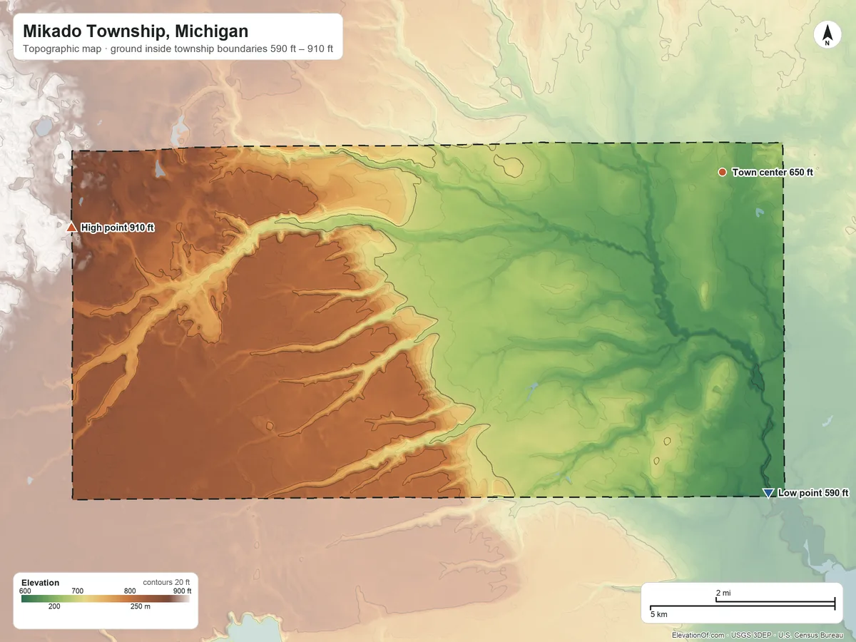 Topographic elevation map of Mikado Township, Michigan, shaded from 590 ft on the south side to 910 ft on the west side