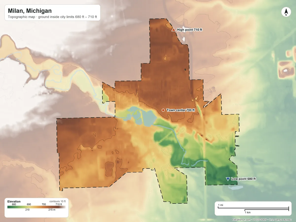 Topographic elevation map of Milan, Michigan, shaded from 680 ft on the southeast side to 710 ft on the north side