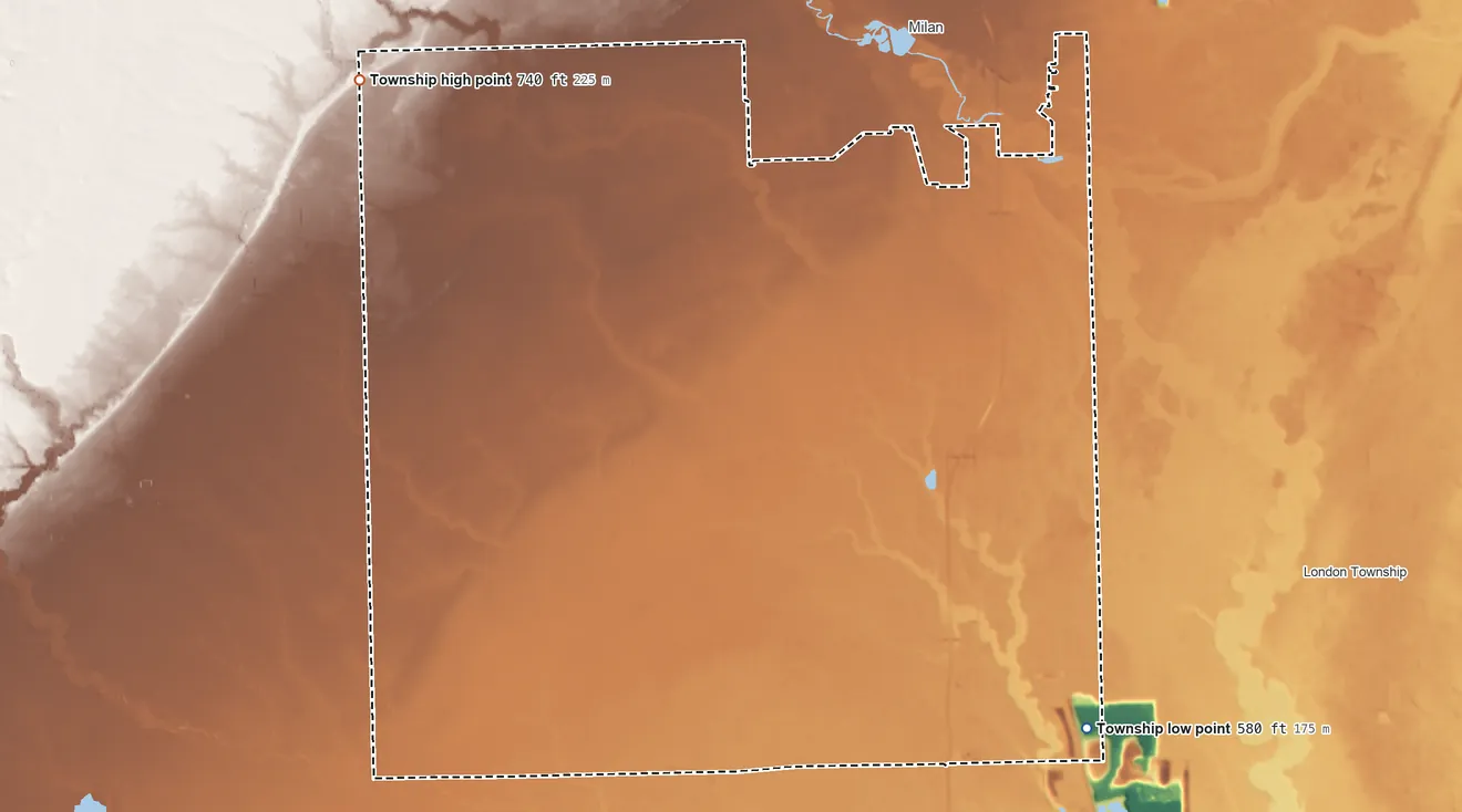 Topographic elevation map of Milan Township, Michigan, shaded from 580 ft on the southeast side to 740 ft on the northwest side