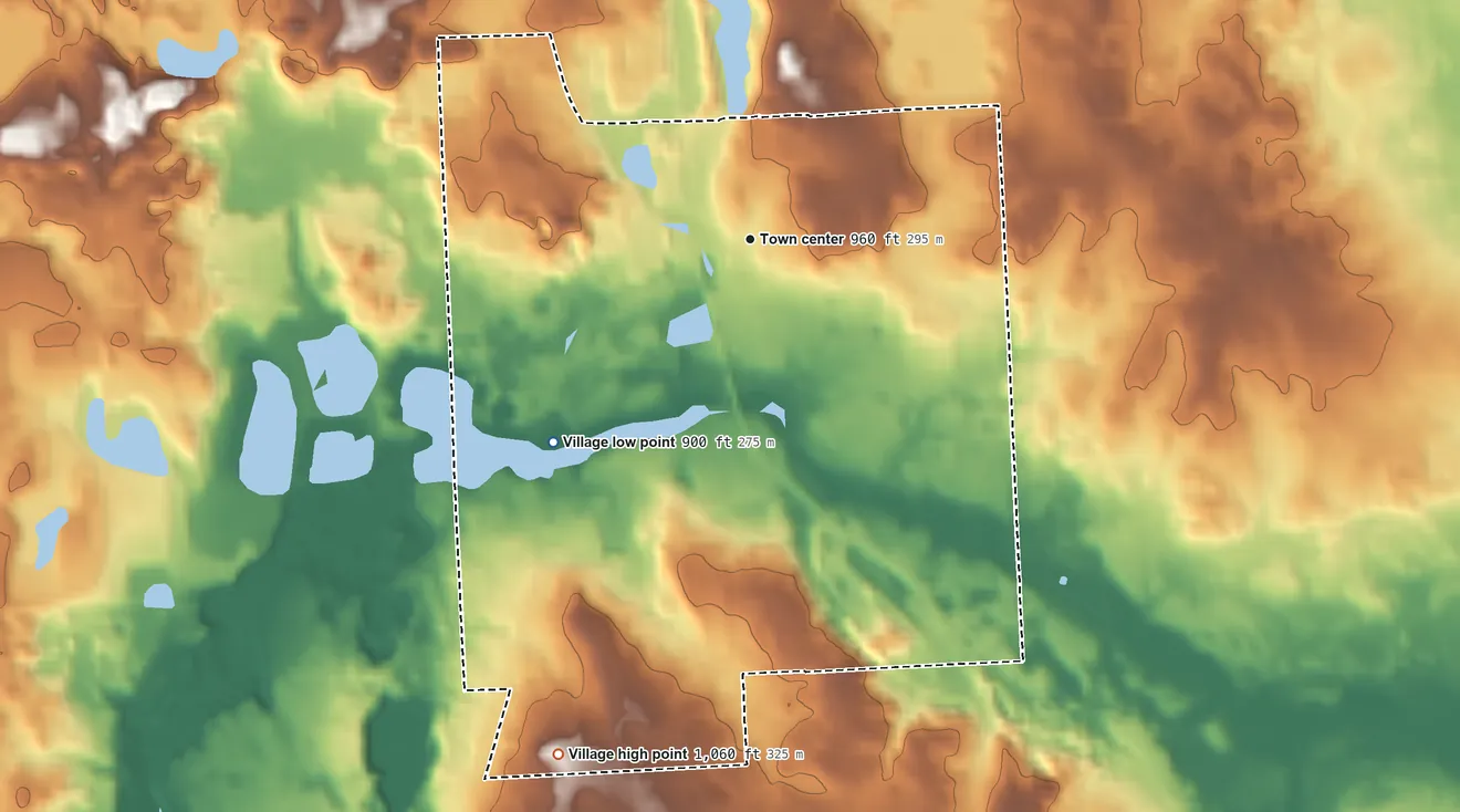 Topographic elevation map of Milford, Michigan, shaded from 900 ft on the southwest side to 1,060 ft on the south side