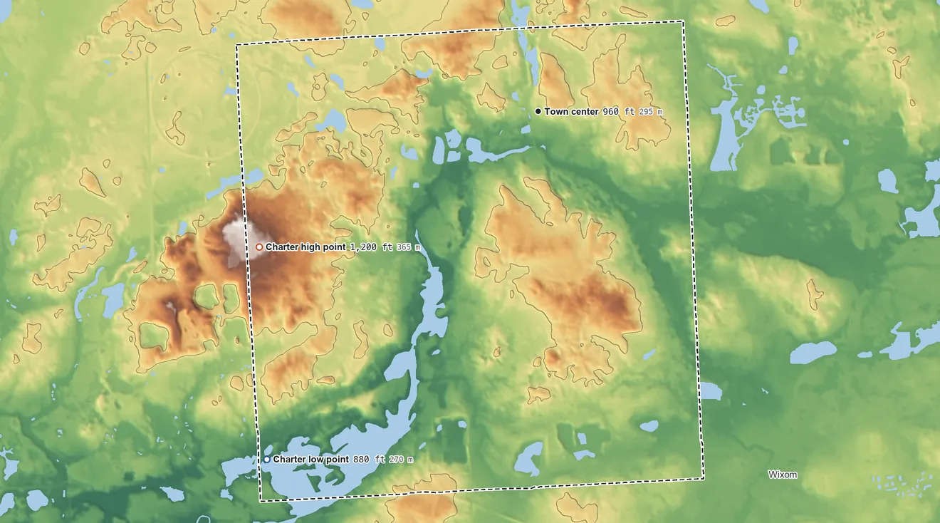 Topographic elevation map of Milford Township, Michigan, shaded from 880 ft on the southwest side to 1,200 ft on the southwest side
