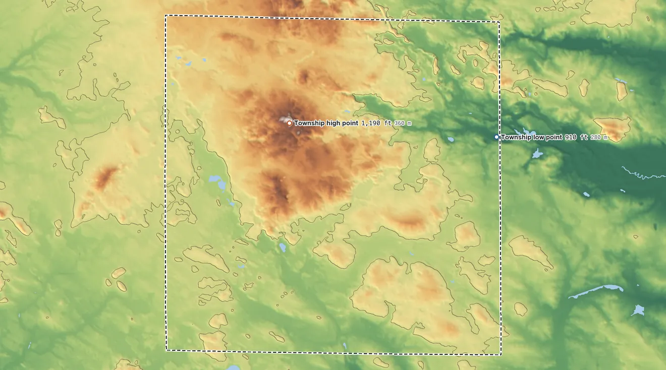 Topographic elevation map of Millbrook Township, Michigan, shaded from 910 ft on the east side to 1,190 ft on the northwest side