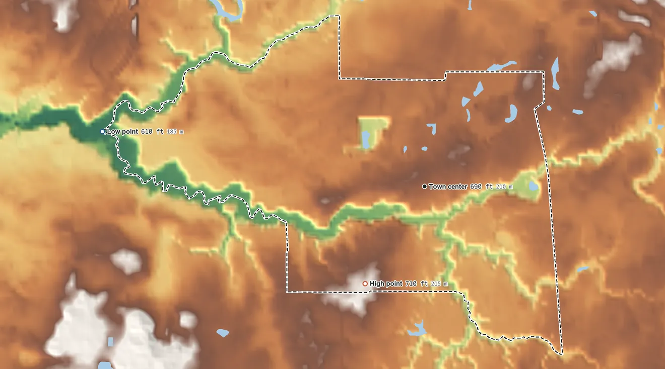 Topographic elevation map of Millburg, Michigan, shaded from 610 ft on the west side to 710 ft on the southwest side