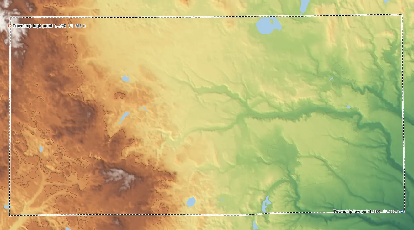 Topographic elevation map of Millen Township, Michigan, shaded from 680 ft on the southeast side to 1,200 ft on the west side