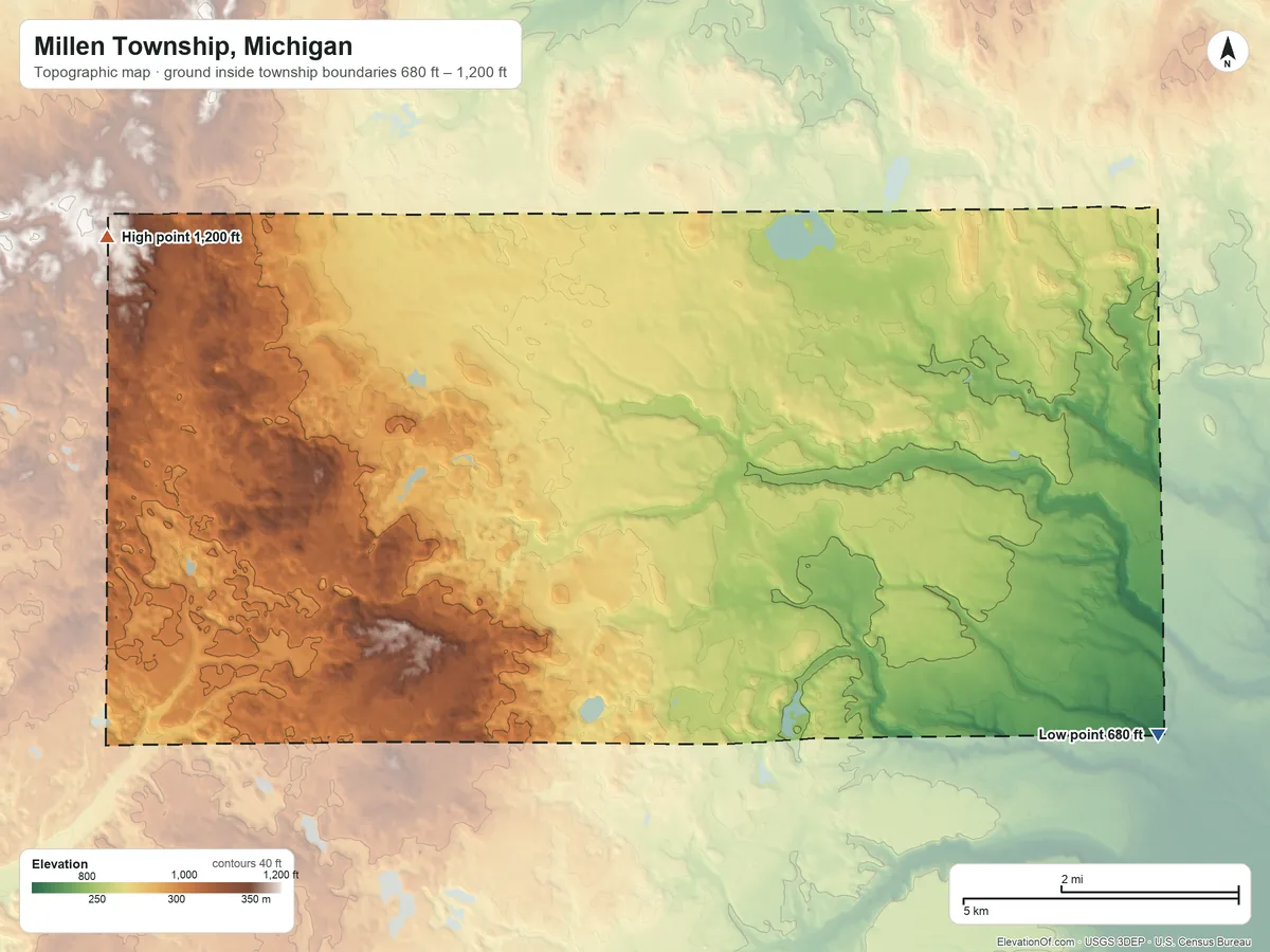 Topographic elevation map of Millen Township, Michigan, shaded from 680 ft on the southeast side to 1,200 ft on the west side