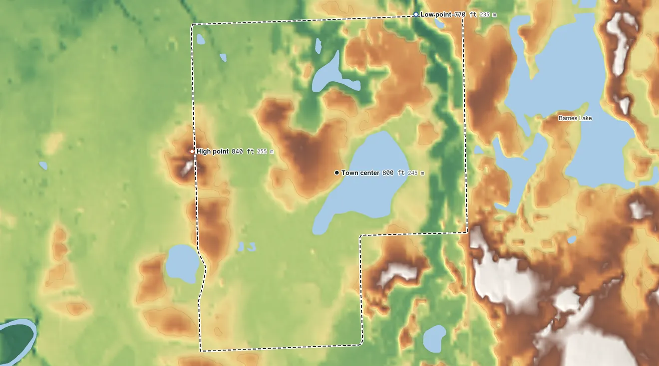 Topographic elevation map of Millers Lake, Michigan, shaded from 770 ft on the northeast side to 840 ft on the west side