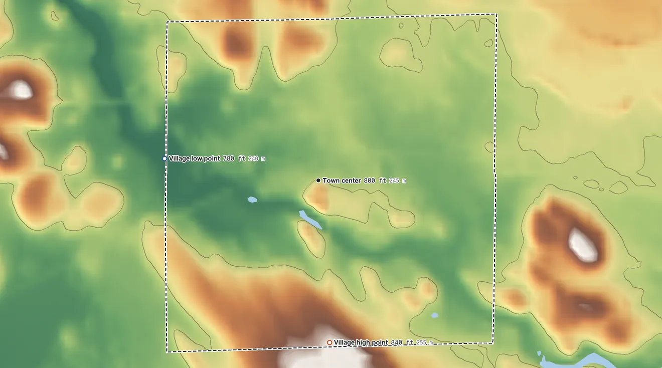 Topographic elevation map of Millersburg, Michigan, shaded from 780 ft on the west side to 840 ft on the south side