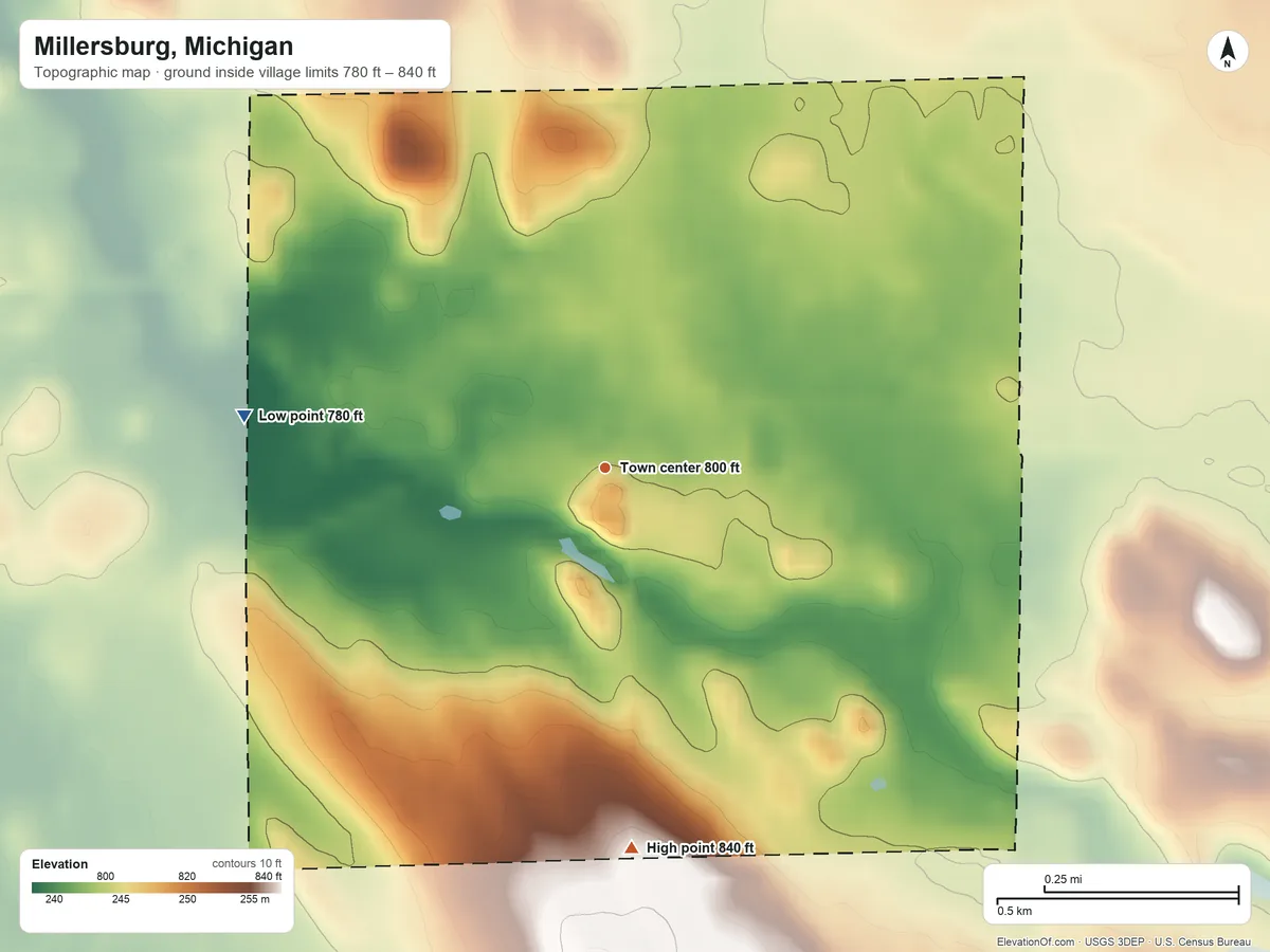 Topographic elevation map of Millersburg, Michigan, shaded from 780 ft on the west side to 840 ft on the south side
