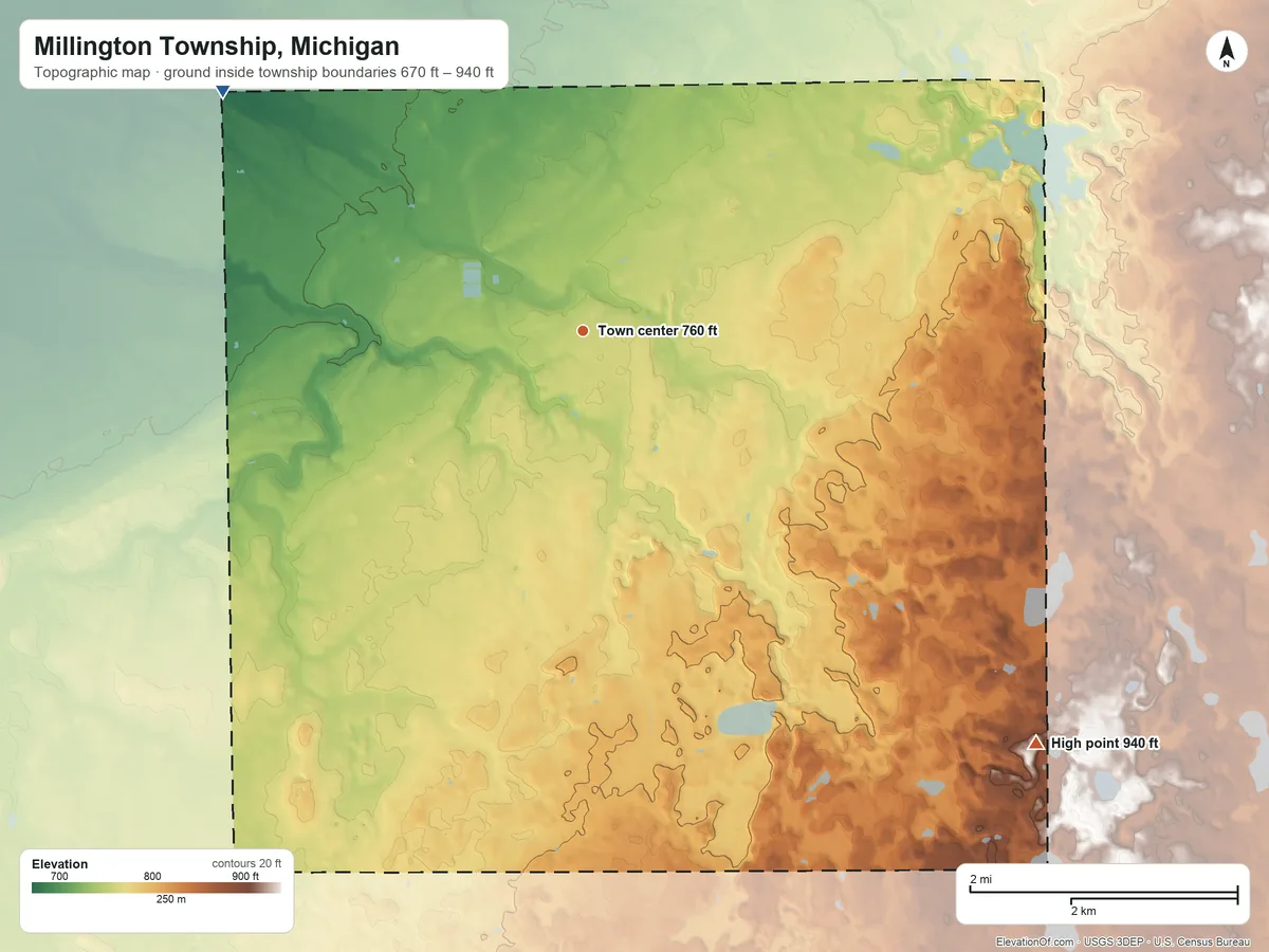Topographic elevation map of Millington Township, Michigan, shaded from 670 ft on the northwest side to 940 ft on the southeast side