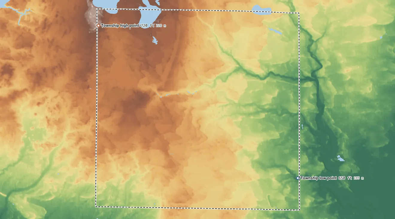 Topographic elevation map of Mills Township, Midland County, Michigan, shaded from 650 ft on the east side to 720 ft on the northwest side
