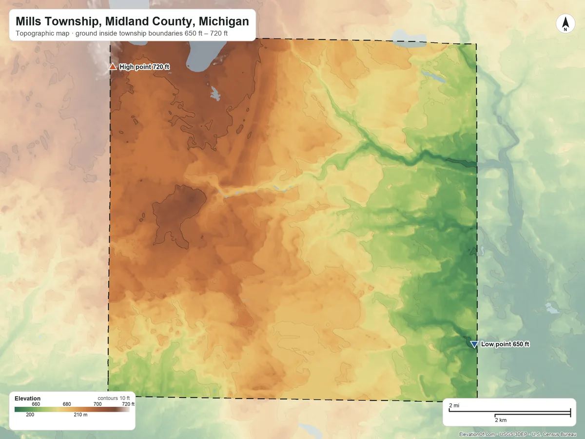 Topographic elevation map of Mills Township, Midland County, Michigan, shaded from 650 ft on the east side to 720 ft on the northwest side