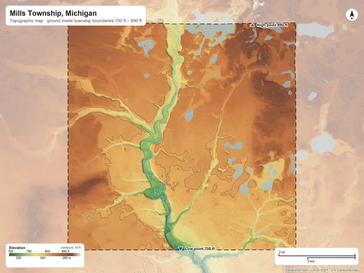 Topographic elevation map of Mills Township, Michigan, shaded from 700 ft on the south side to 890 ft on the north side