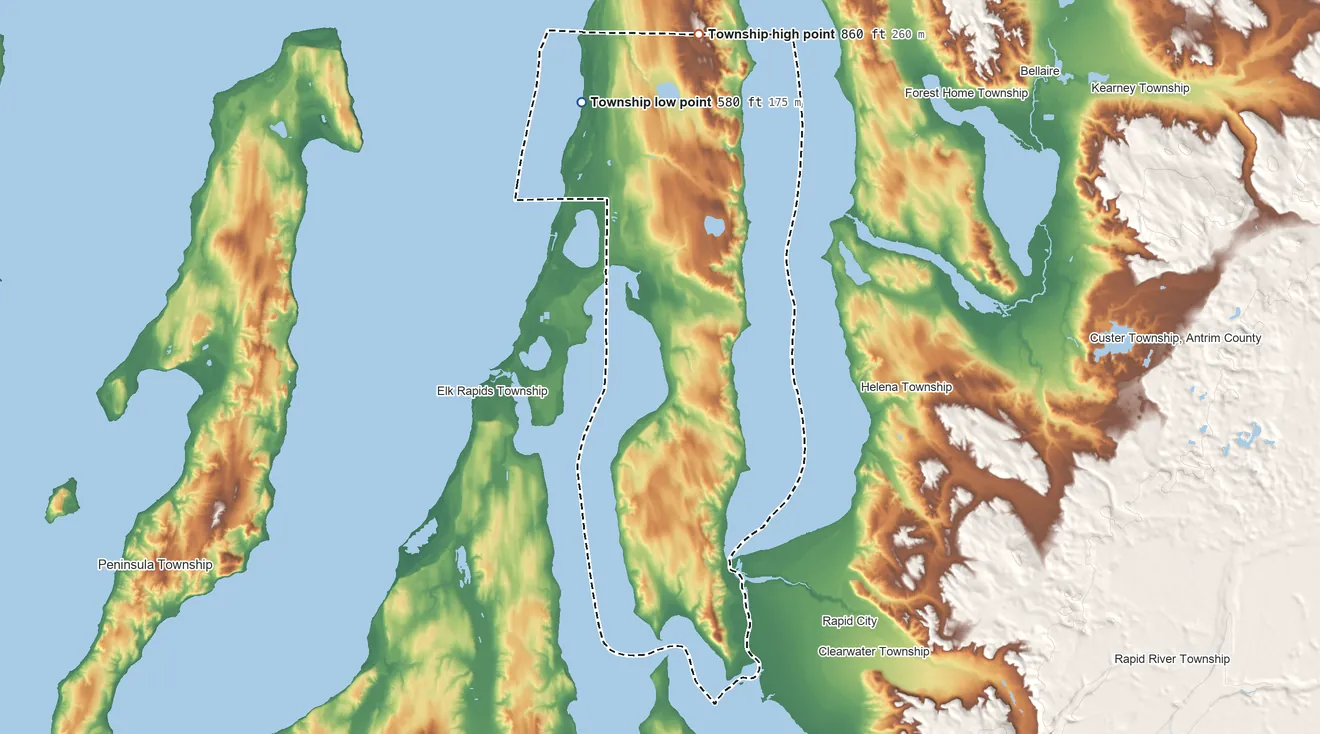 Topographic elevation map of Milton Township, Antrim County, Michigan, shaded from 580 ft on the north side to 860 ft on the north side