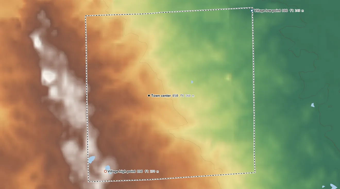 Topographic elevation map of Minden City, Michigan, shaded from 800 ft on the northeast side to 890 ft on the southwest side