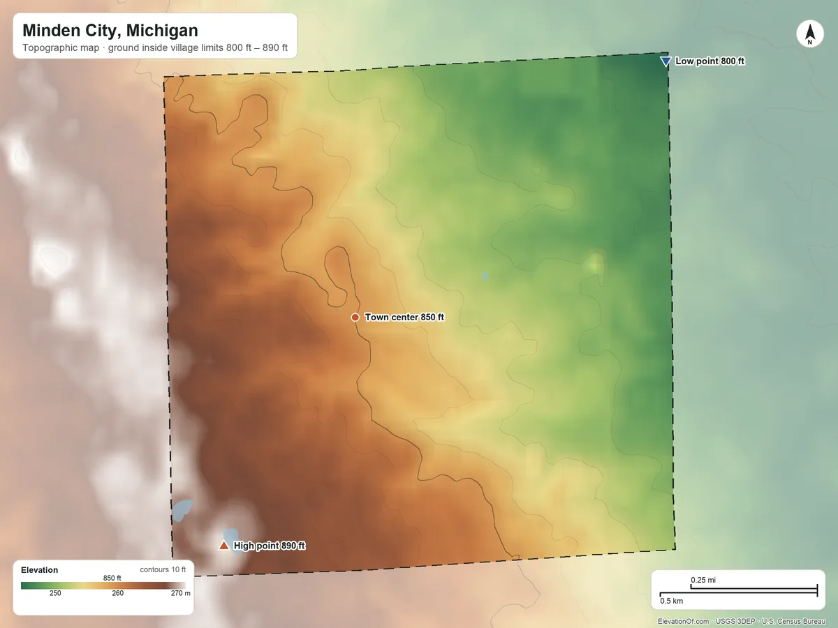Topographic elevation map of Minden City, Michigan, shaded from 800 ft on the northeast side to 890 ft on the southwest side