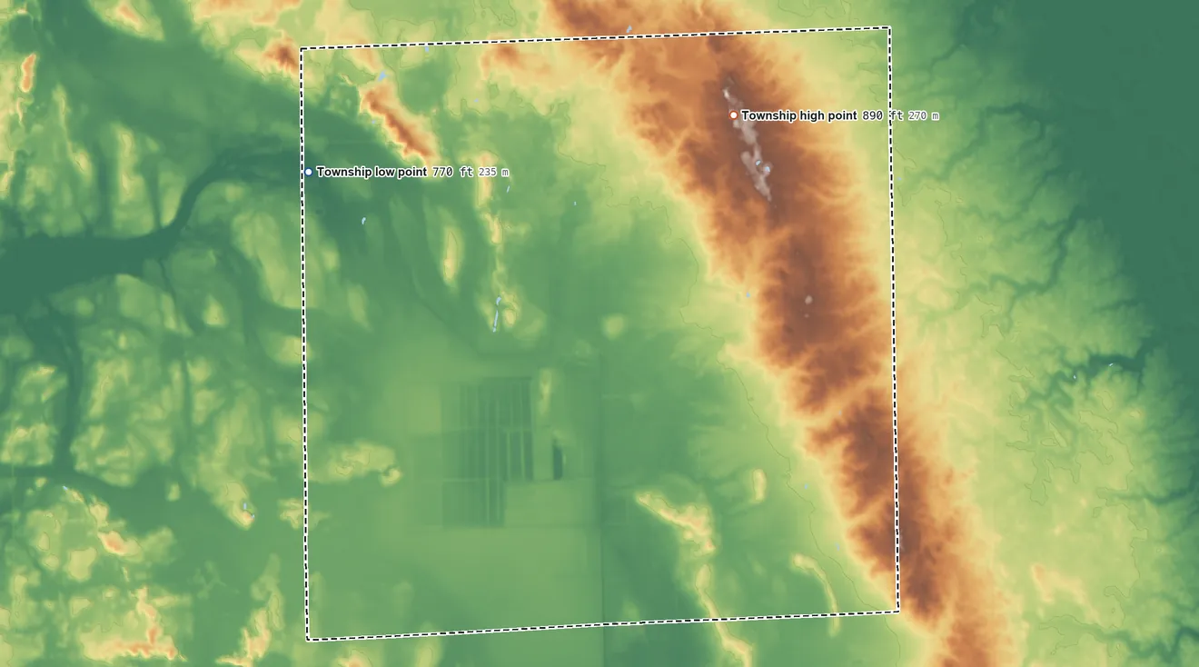 Topographic elevation map of Minden Township, Michigan, shaded from 770 ft on the west side to 890 ft on the north side
