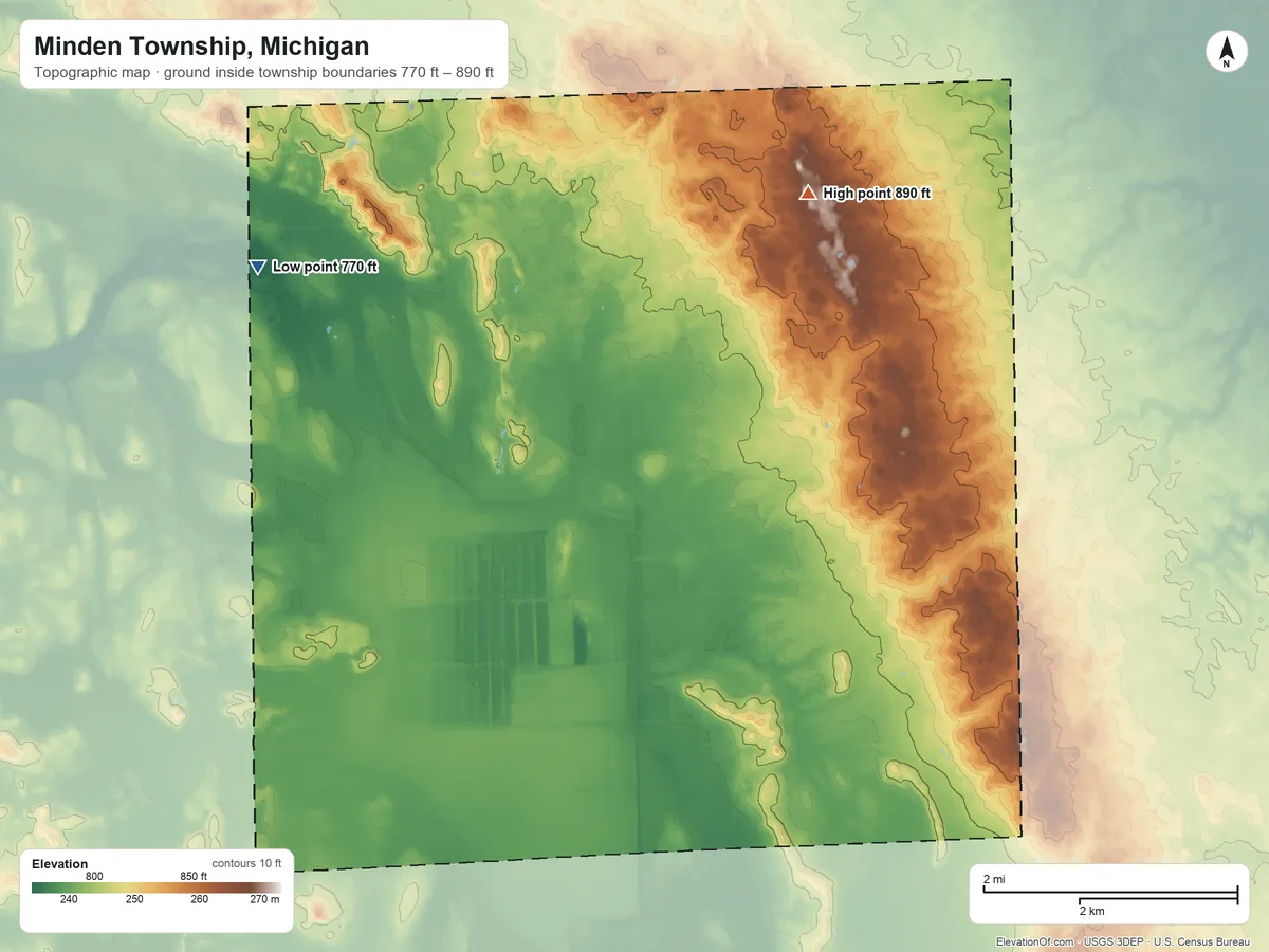 Topographic elevation map of Minden Township, Michigan, shaded from 770 ft on the west side to 890 ft on the north side
