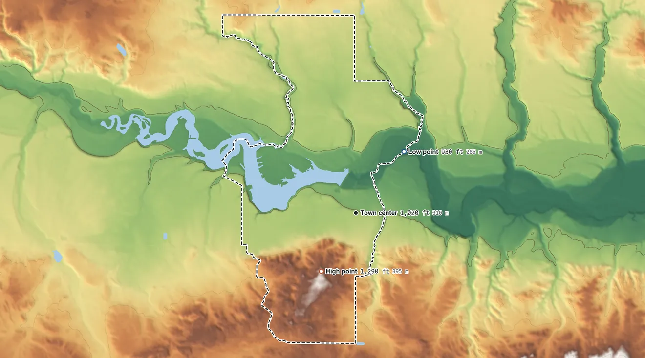 Topographic elevation map of Mio, Michigan, shaded from 930 ft on the northeast side to 1,290 ft on the southwest side
