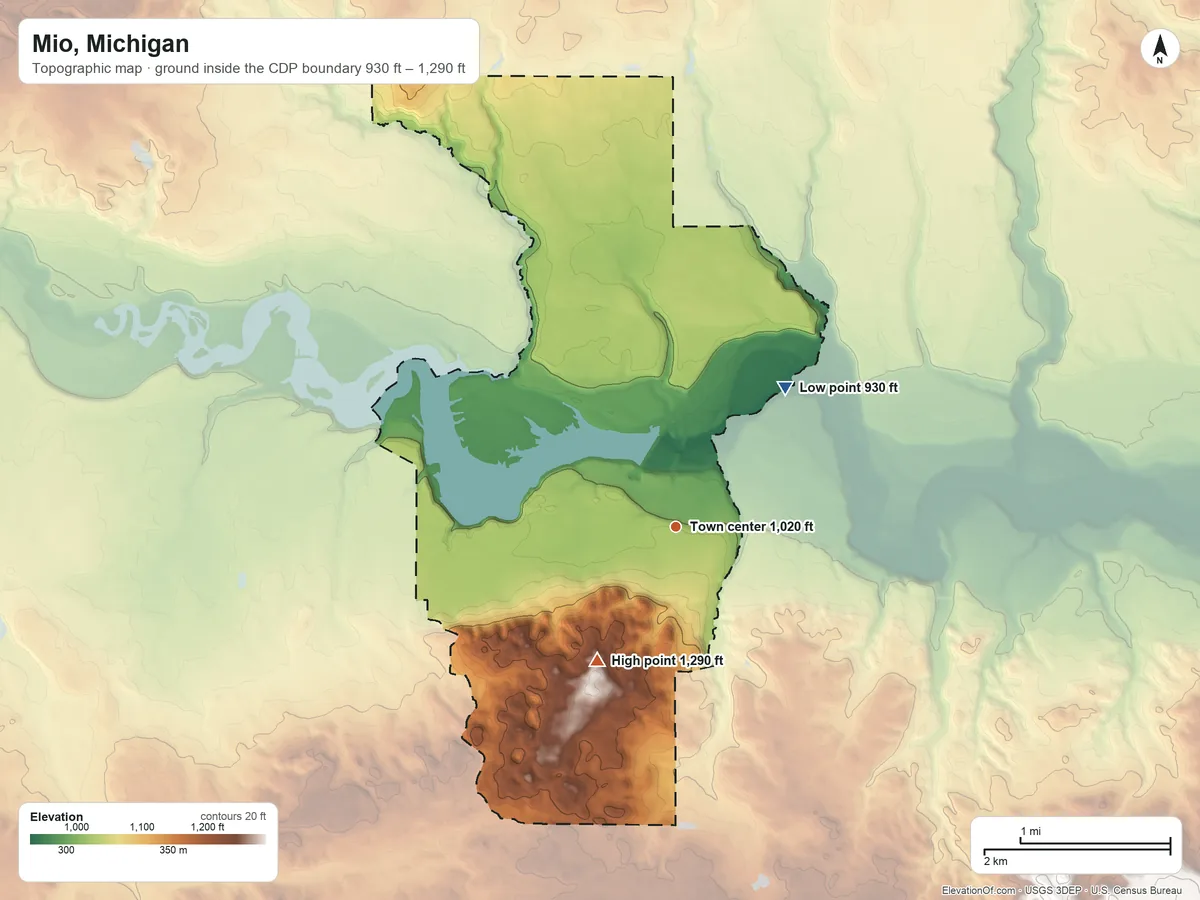Topographic elevation map of Mio, Michigan, shaded from 930 ft on the northeast side to 1,290 ft on the southwest side