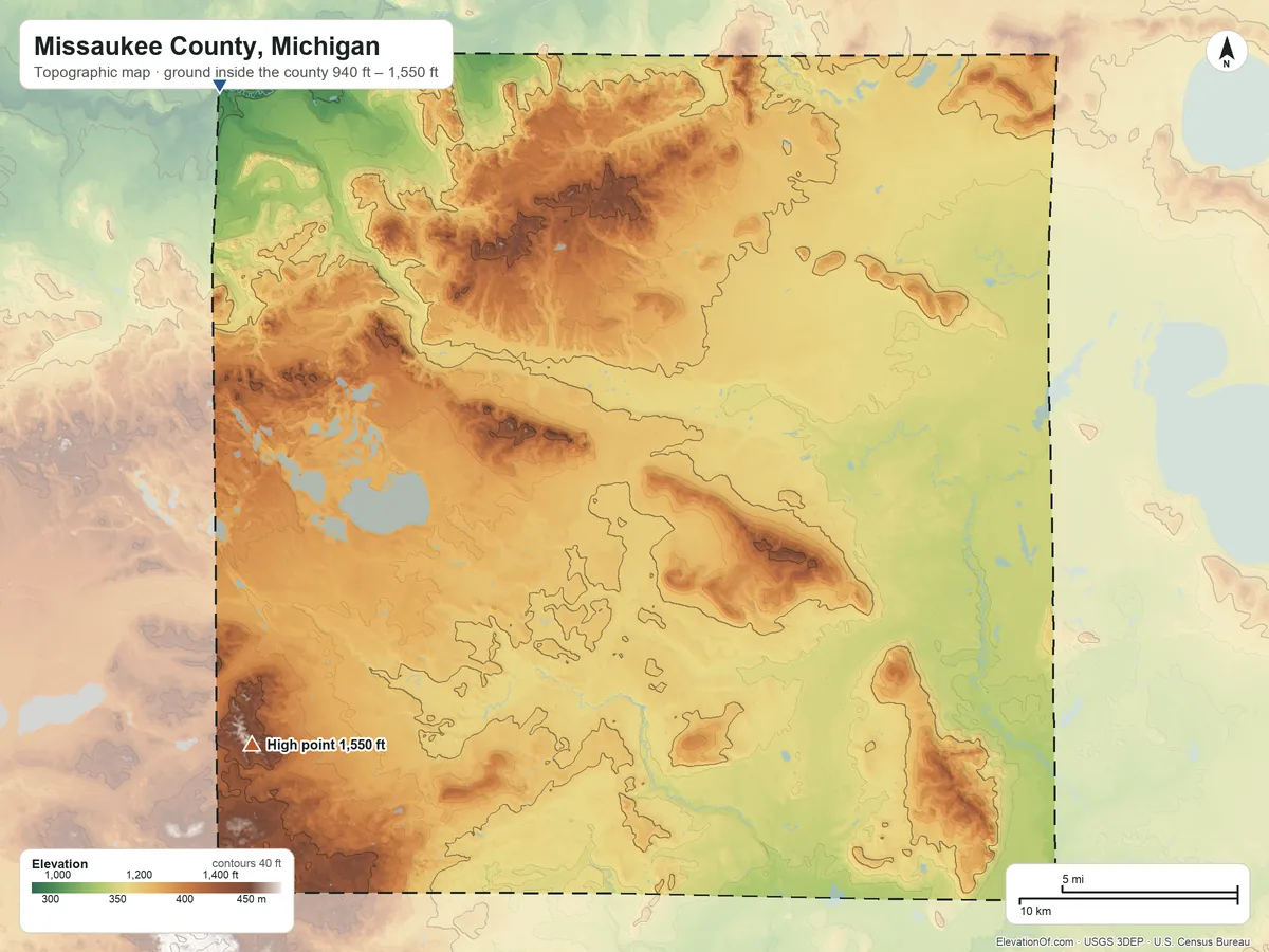 Topographic elevation map of Missaukee County, Michigan, shaded from 940 ft on the northwest side to 1,550 ft on the southwest side
