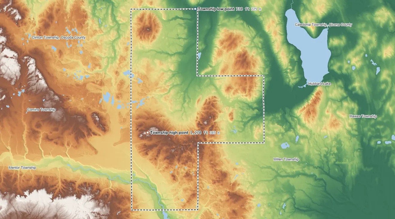 Topographic elevation map of Mitchell Township, Michigan, shaded from 730 ft on the north side to 1,270 ft on the southwest side