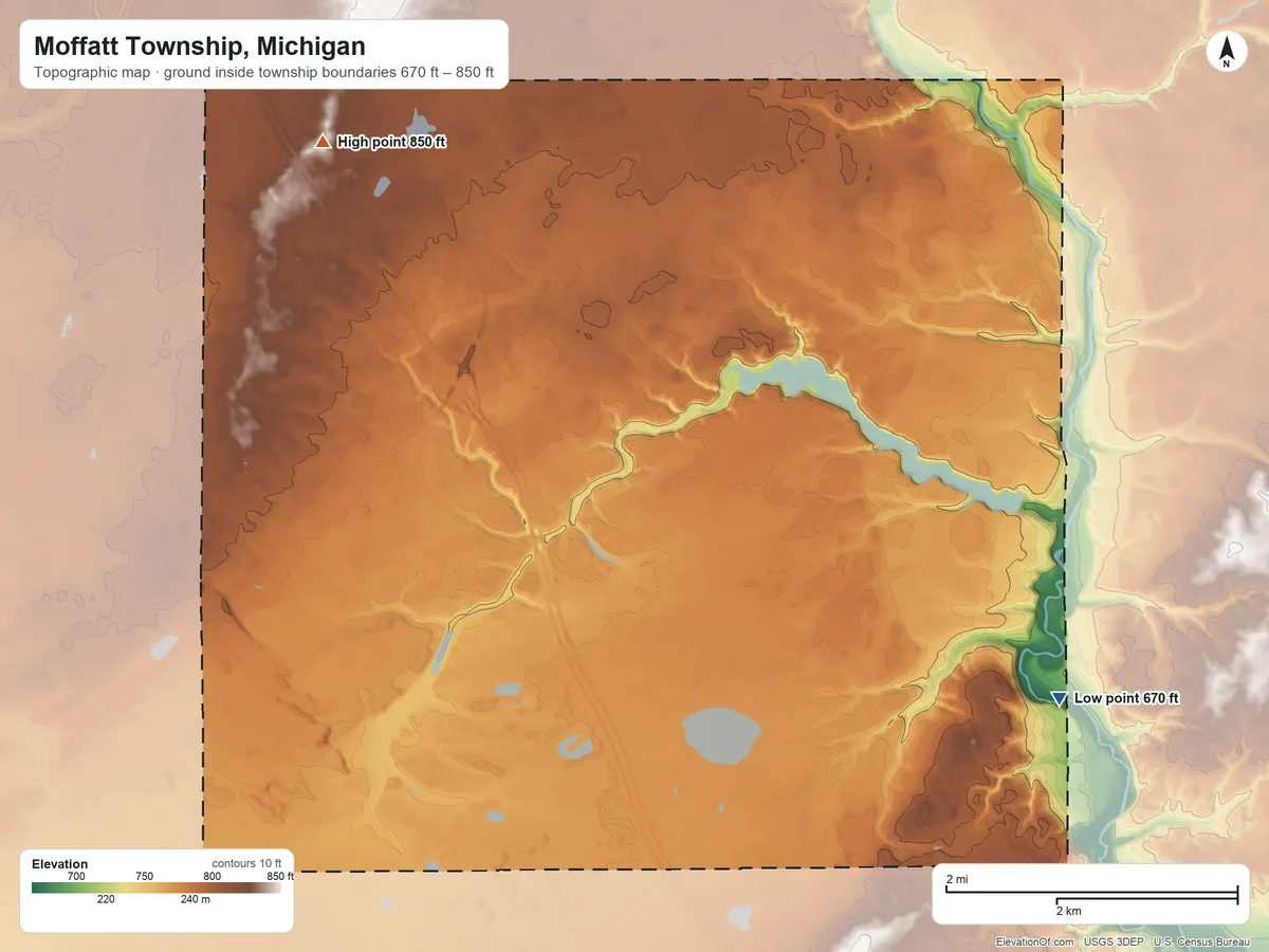 Topographic elevation map of Moffatt Township, Michigan, shaded from 670 ft on the southeast side to 850 ft on the northwest side