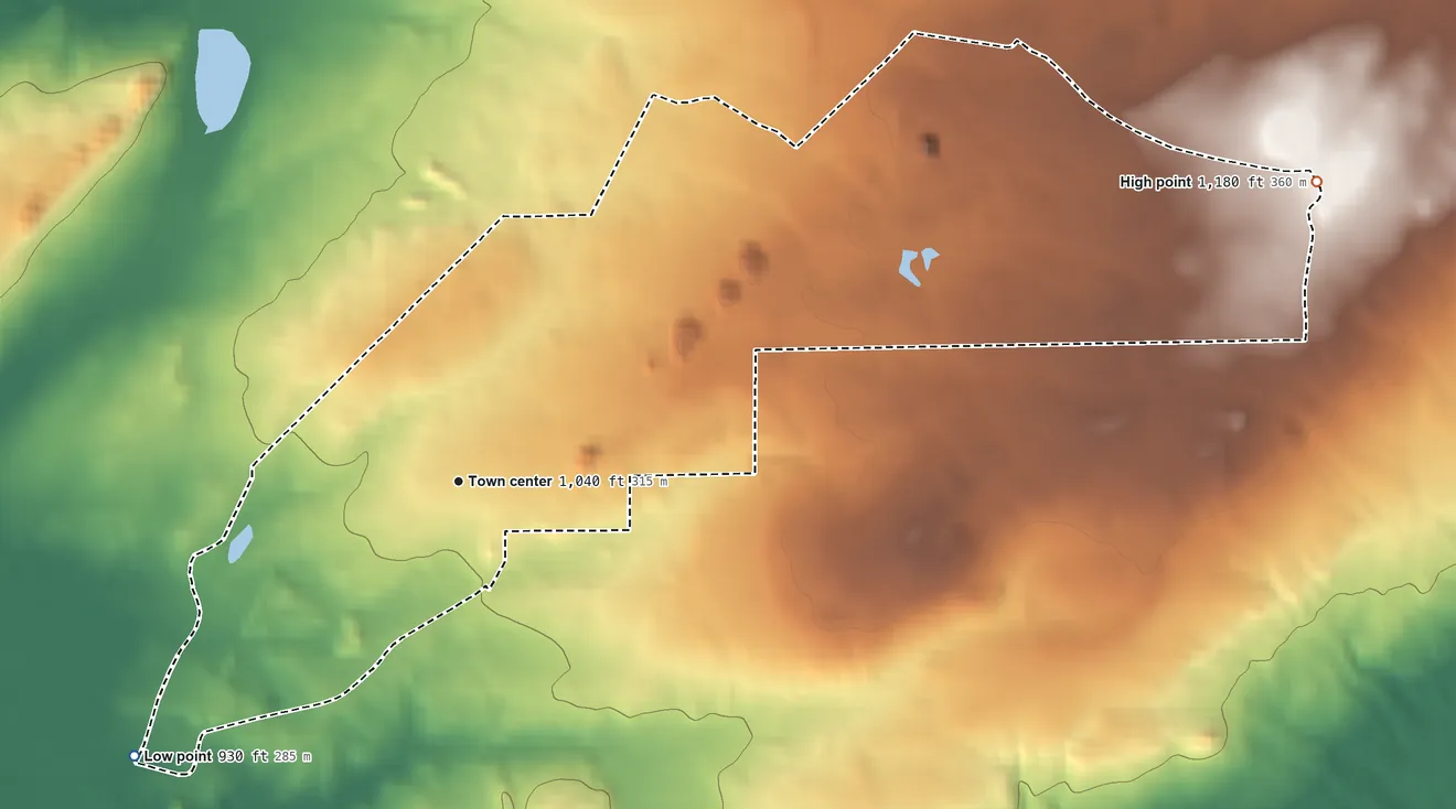 Topographic elevation map of Mohawk, Michigan, shaded from 930 ft on the southwest side to 1,180 ft on the east side