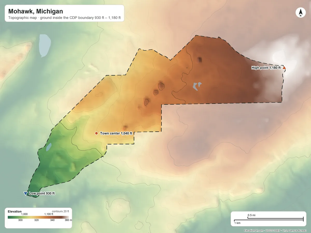 Topographic elevation map of Mohawk, Michigan, shaded from 930 ft on the southwest side to 1,180 ft on the east side