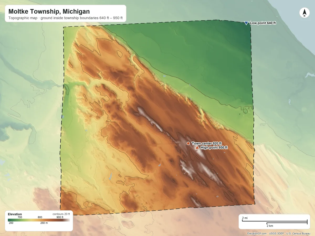 Topographic elevation map of Moltke Township, Michigan, shaded from 640 ft on the northeast side to 950 ft near the middle