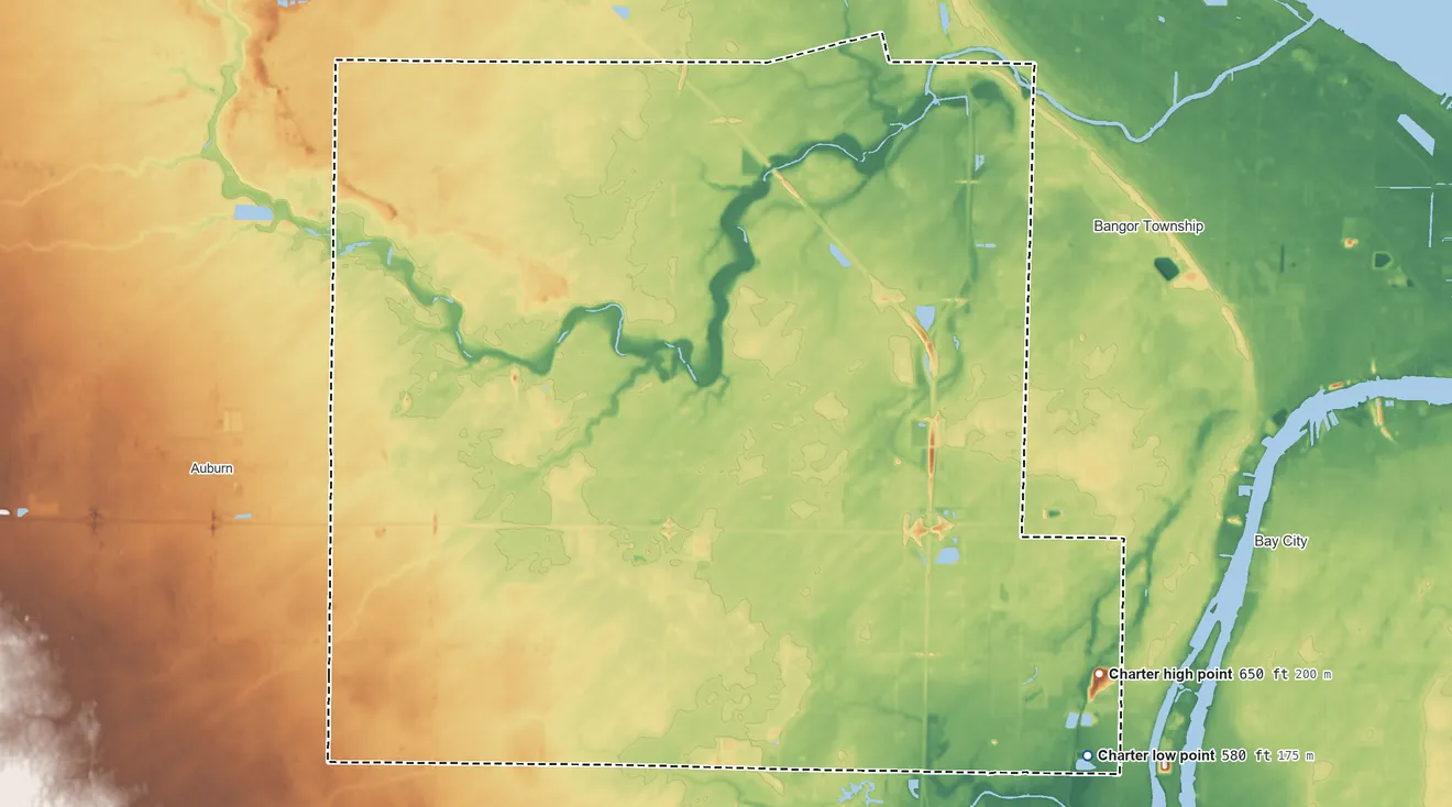 Topographic elevation map of Monitor Township, Michigan, shaded from 580 ft on the southeast side to 650 ft on the southeast side