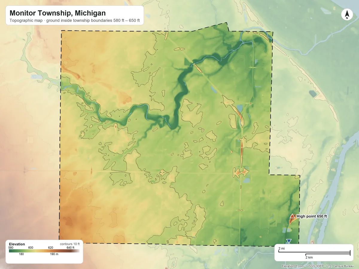 Topographic elevation map of Monitor Township, Michigan, shaded from 580 ft on the southeast side to 650 ft on the southeast side