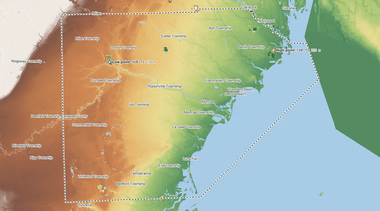 Topographic elevation map of Monroe County, Michigan, shaded from 560 ft on the northwest side to 740 ft on the northeast side