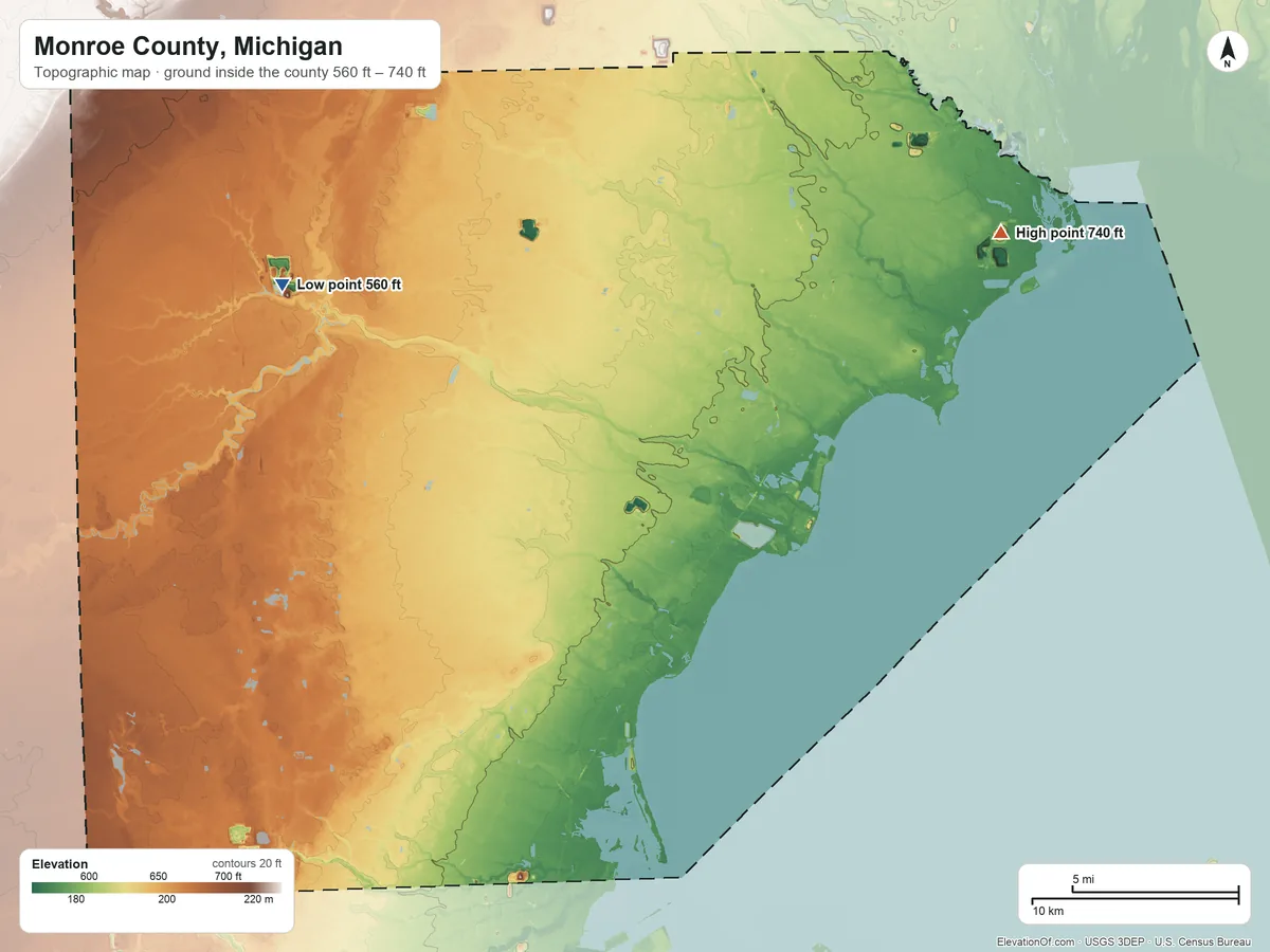 Topographic elevation map of Monroe County, Michigan, shaded from 560 ft on the northwest side to 740 ft on the northeast side