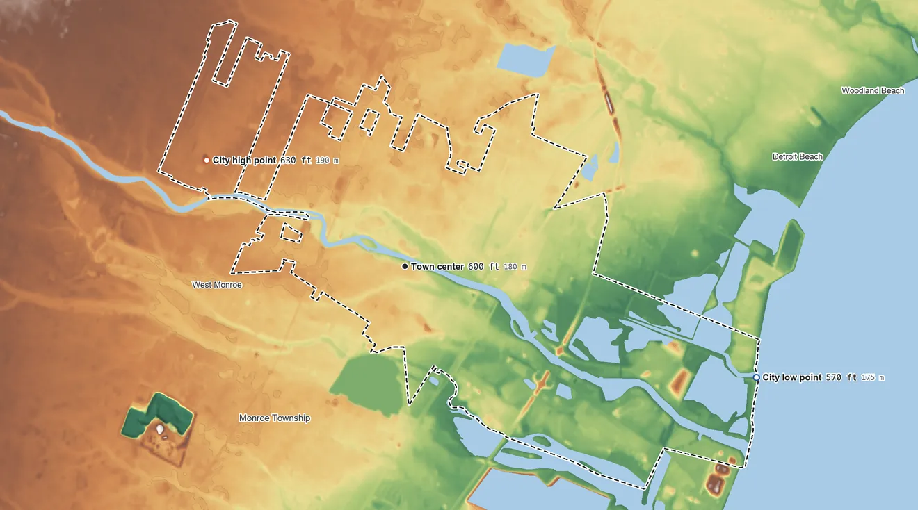 Topographic elevation map of Monroe, Michigan, shaded from 570 ft on the east side to 630 ft on the northwest side