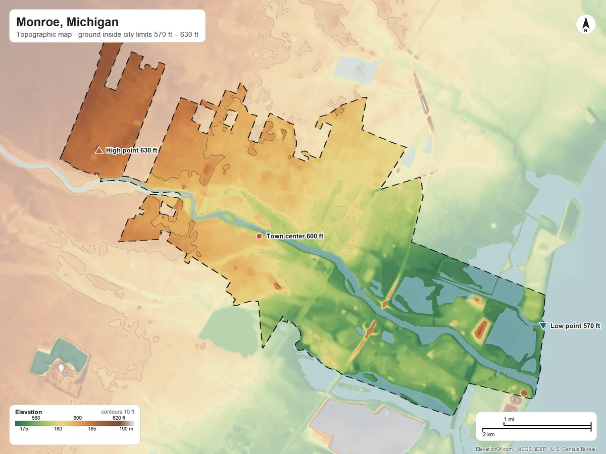 Topographic elevation map of Monroe, Michigan, shaded from 570 ft on the east side to 630 ft on the northwest side