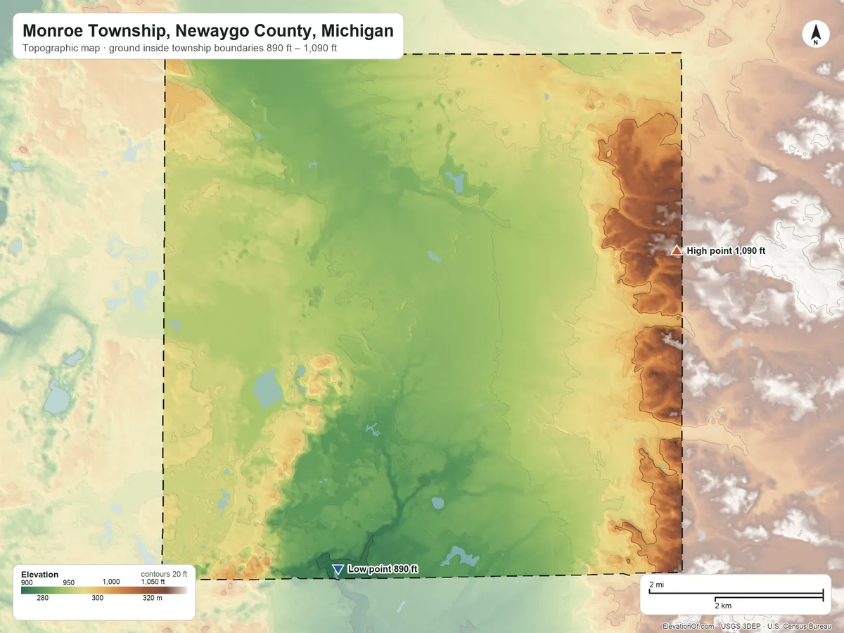 Topographic elevation map of Monroe Township, Newaygo County, Michigan, shaded from 890 ft on the south side to 1,090 ft on the east side