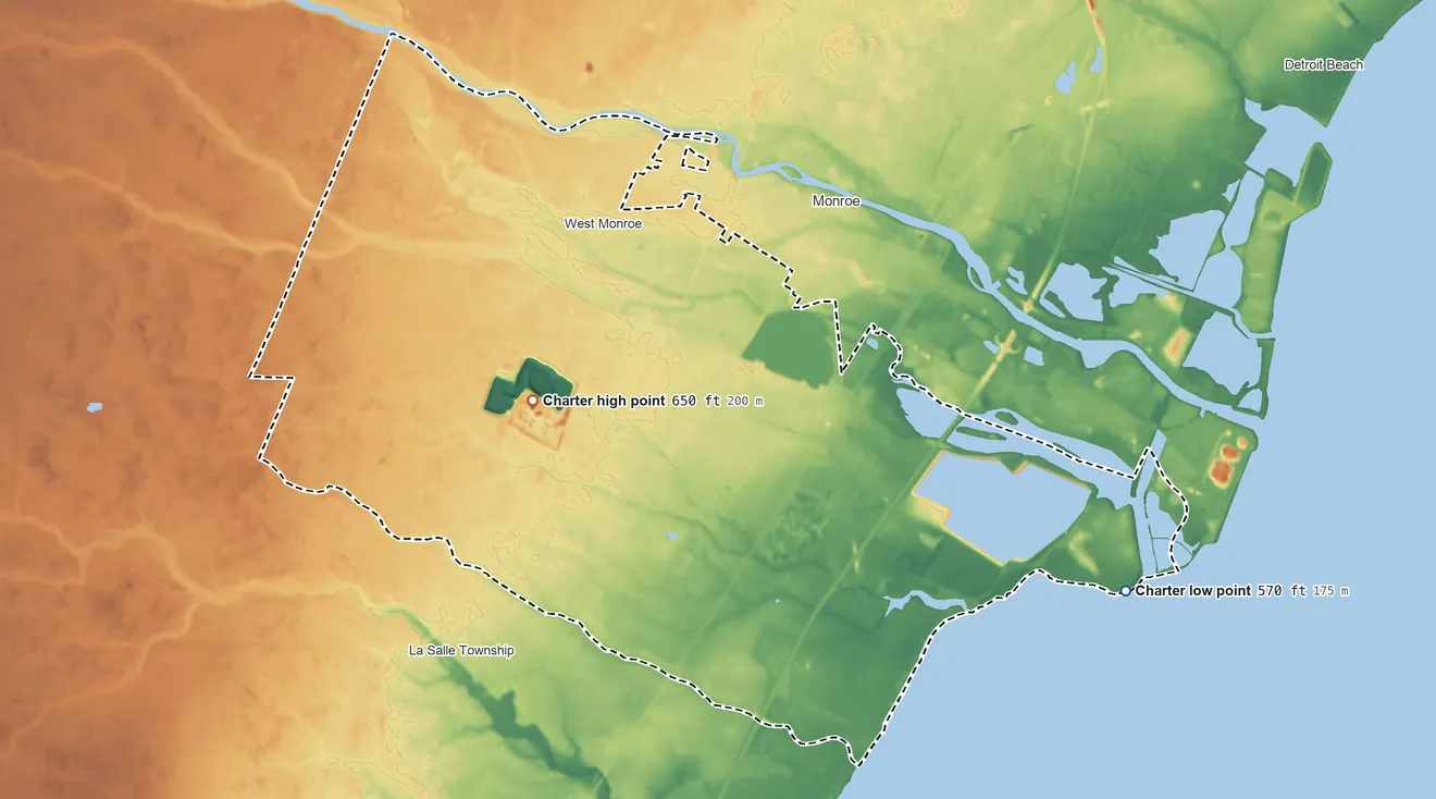 Topographic elevation map of Monroe Township, Michigan, shaded from 570 ft on the southeast side to 650 ft on the west side