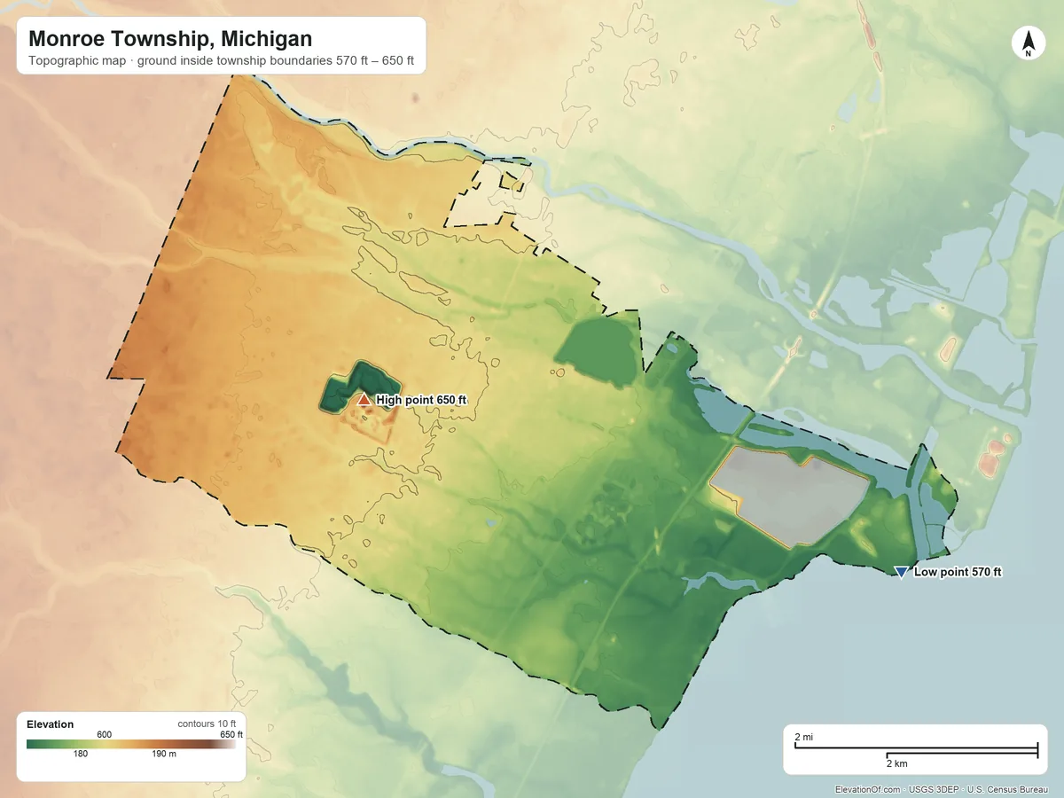 Topographic elevation map of Monroe Township, Michigan, shaded from 570 ft on the southeast side to 650 ft on the west side