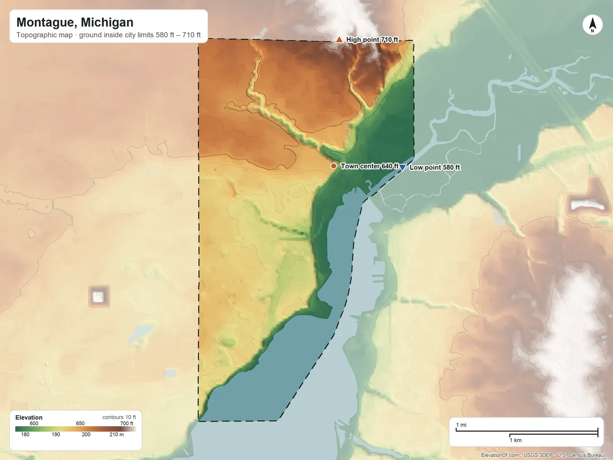 Topographic elevation map of Montague, Michigan, shaded from 580 ft on the east side to 710 ft on the north side