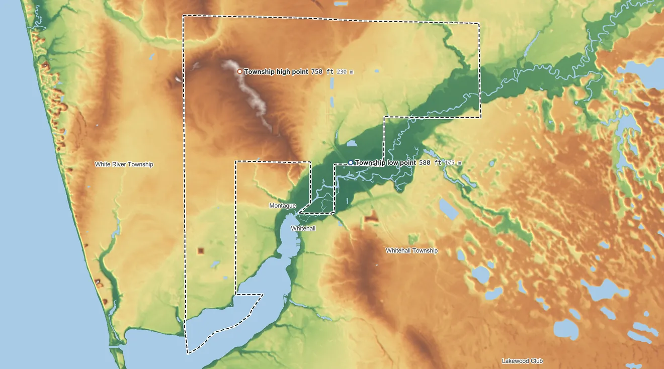 Topographic elevation map of Montague Township, Michigan, shaded from 580 ft on the southeast side to 750 ft on the northwest side