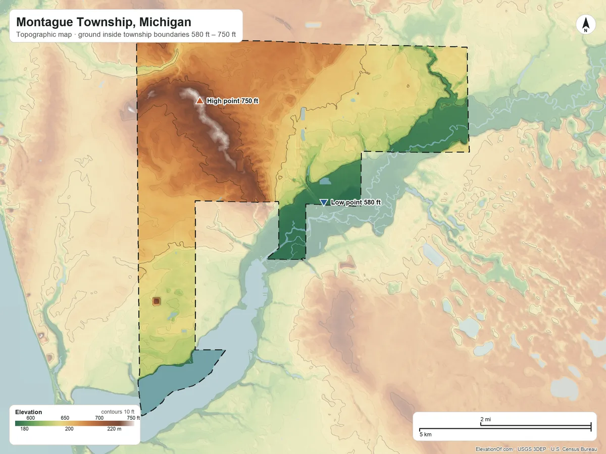 Topographic elevation map of Montague Township, Michigan, shaded from 580 ft on the southeast side to 750 ft on the northwest side