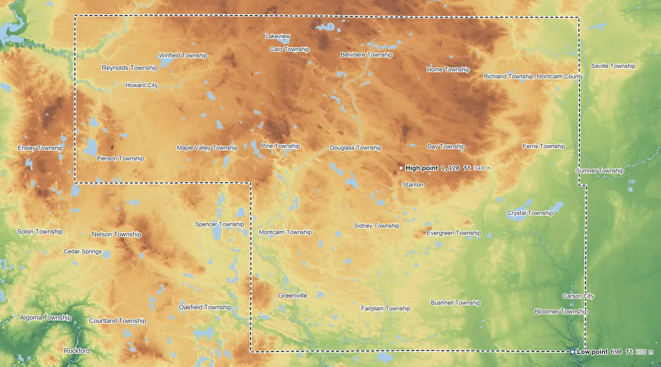 Topographic elevation map of Montcalm County, Michigan, shaded from 690 ft on the southeast side to 1,120 ft on the east side