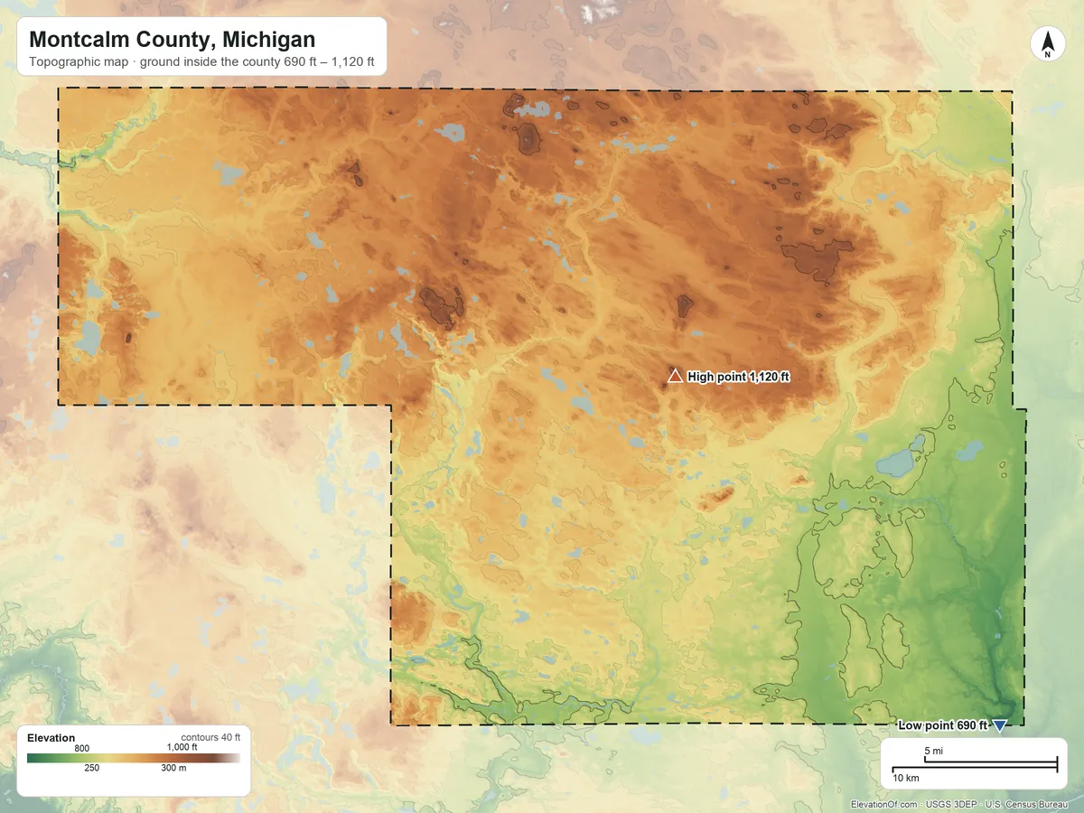 Topographic elevation map of Montcalm County, Michigan, shaded from 690 ft on the southeast side to 1,120 ft on the east side