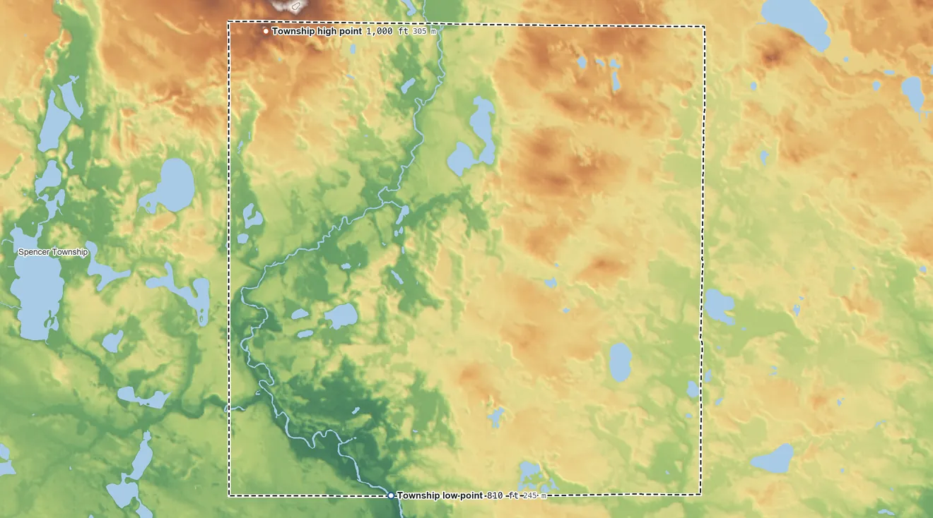 Topographic elevation map of Montcalm Township, Michigan, shaded from 810 ft on the south side to 1,000 ft on the northwest side